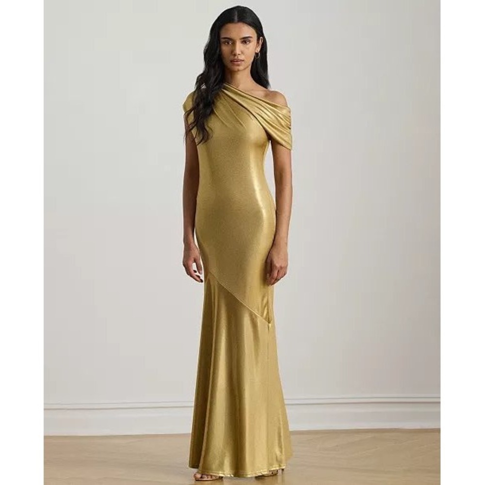 New Lauren Ralph Lauren Gold Metallic Jersey One Shoulder Draped Mermaid Gown 12